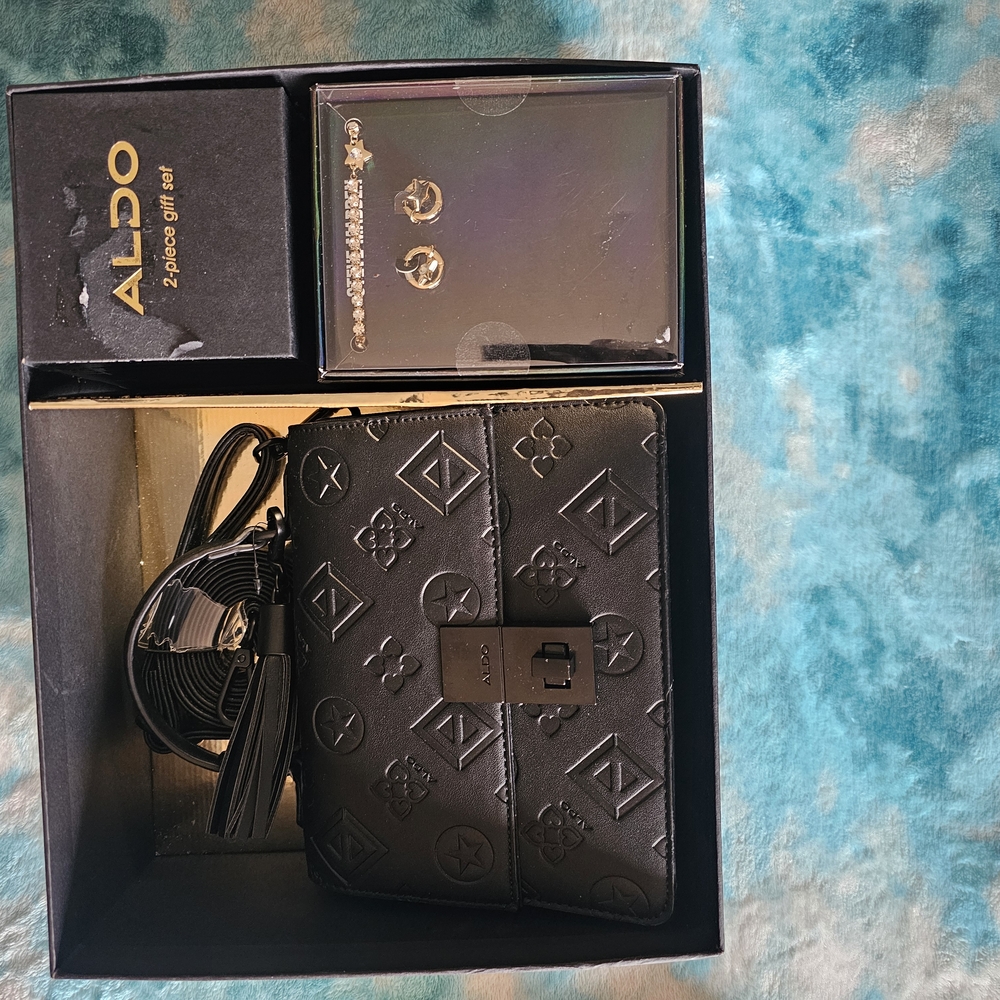 Aldo Black Embossed Crossbody Bag with Earrings